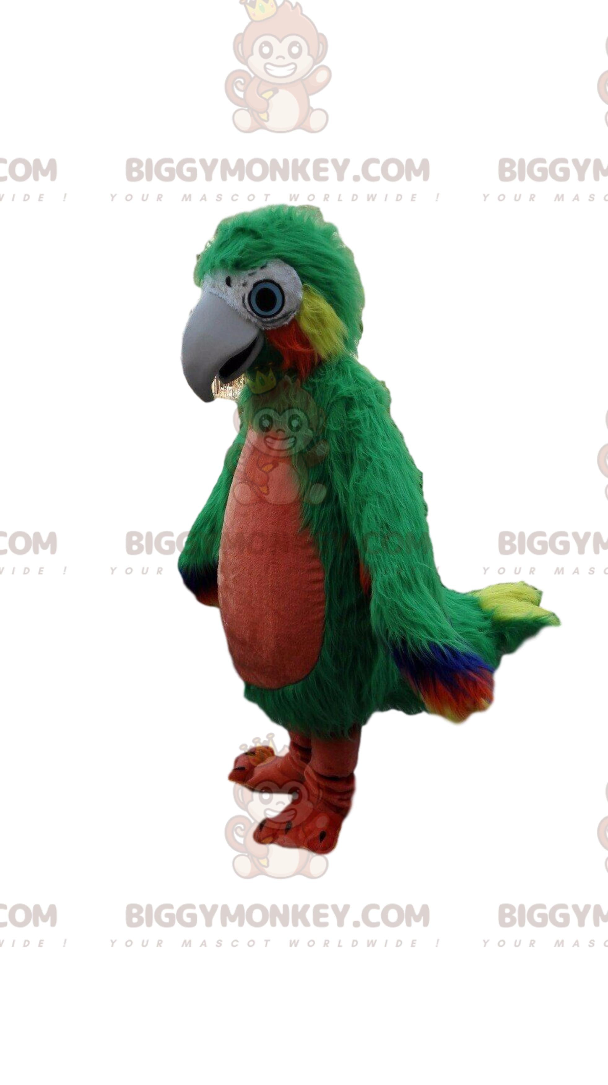 BIGGYMONKEYGreen Red and Yellow Giant Hairy Parrot Mascot Costume