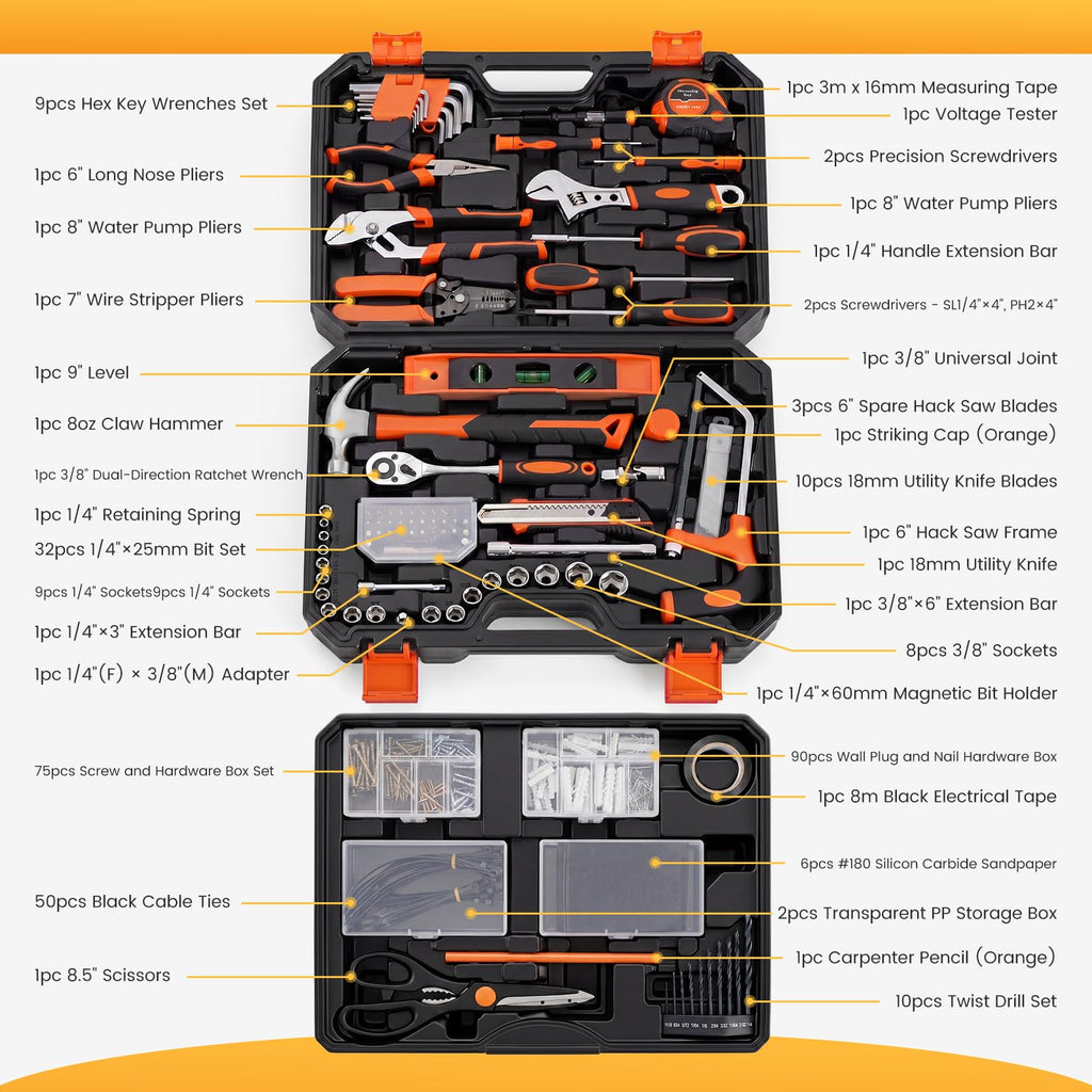 330-Piece Complete Tool Box Set, Durable Homeowners Tool Kit with Pull-Out Drawer, Versatile Home Repair Kit for Auto & Household, DIY Projects, Black-Yellow