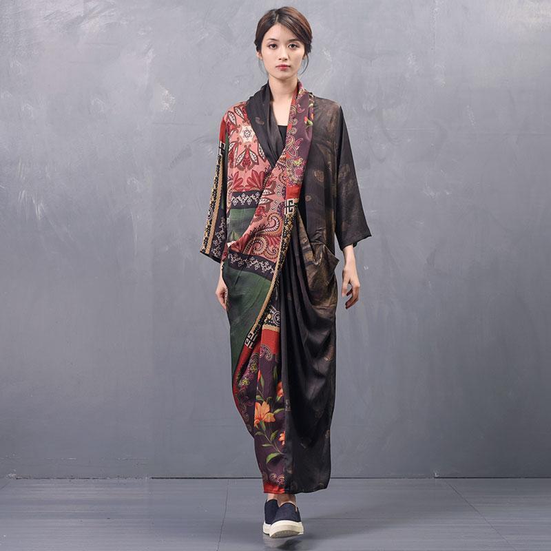 Art Print Silk Asymmetrical Maxi Long Sleeve Dress