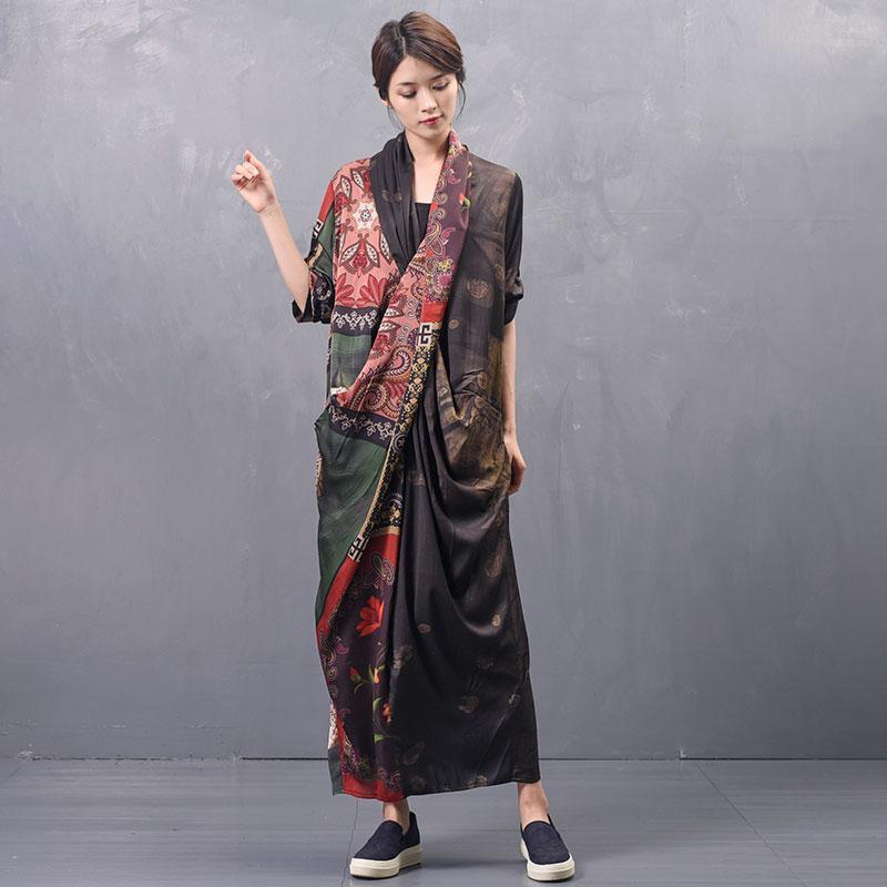 Art Print Silk Asymmetrical Maxi Long Sleeve Dress