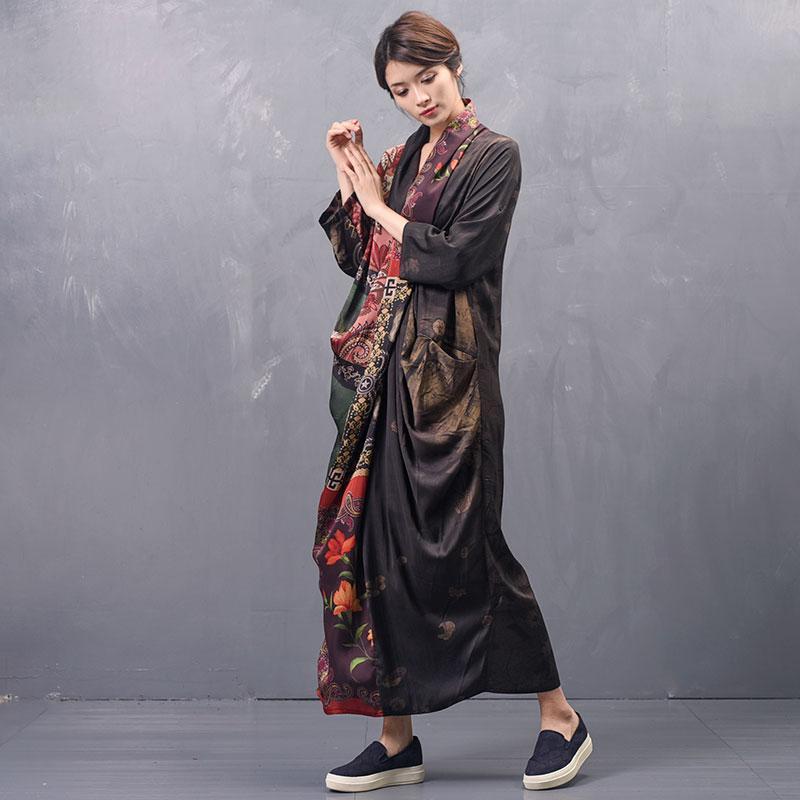 Art Print Silk Asymmetrical Maxi Long Sleeve Dress