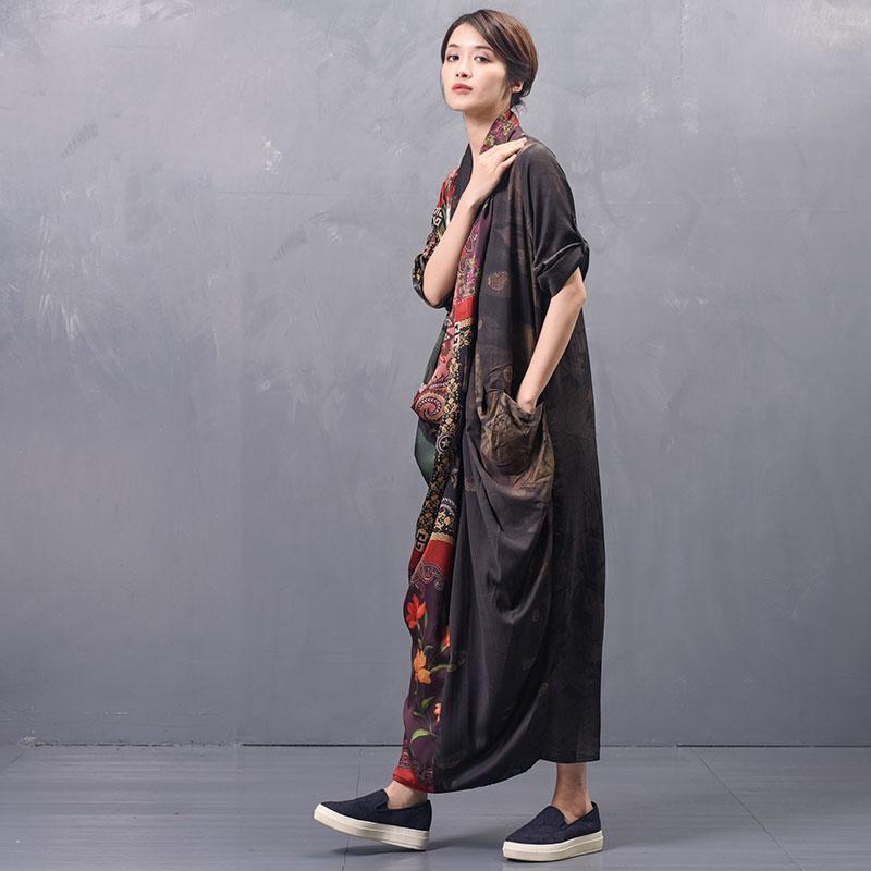 Art Print Silk Asymmetrical Maxi Long Sleeve Dress