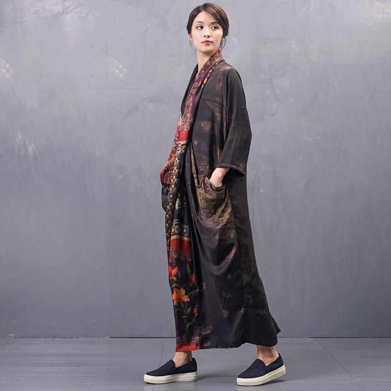 Art Print Silk Asymmetrical Maxi Long Sleeve Dress