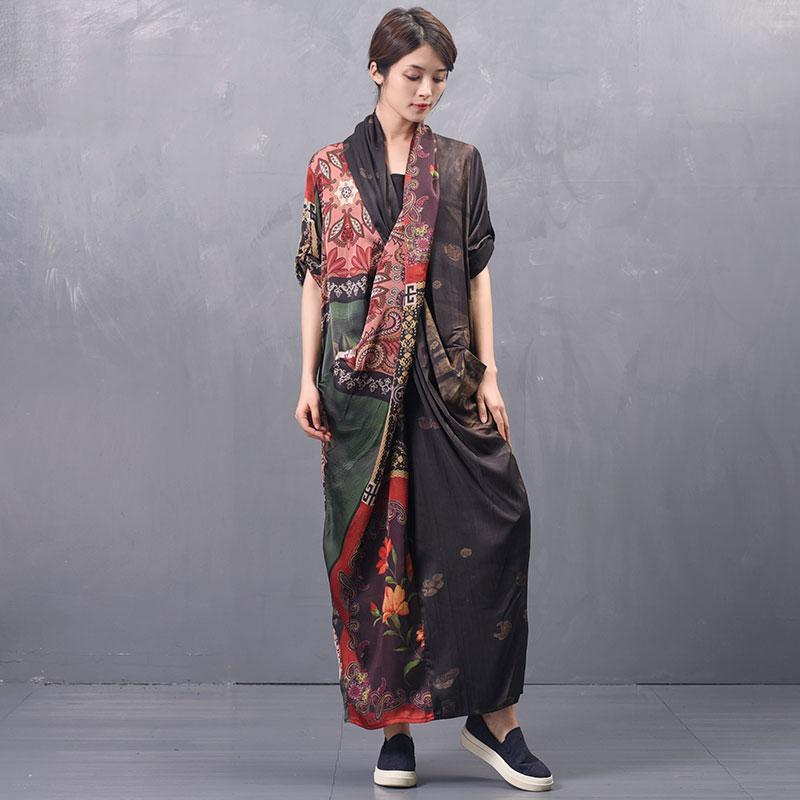 Art Print Silk Asymmetrical Maxi Long Sleeve Dress