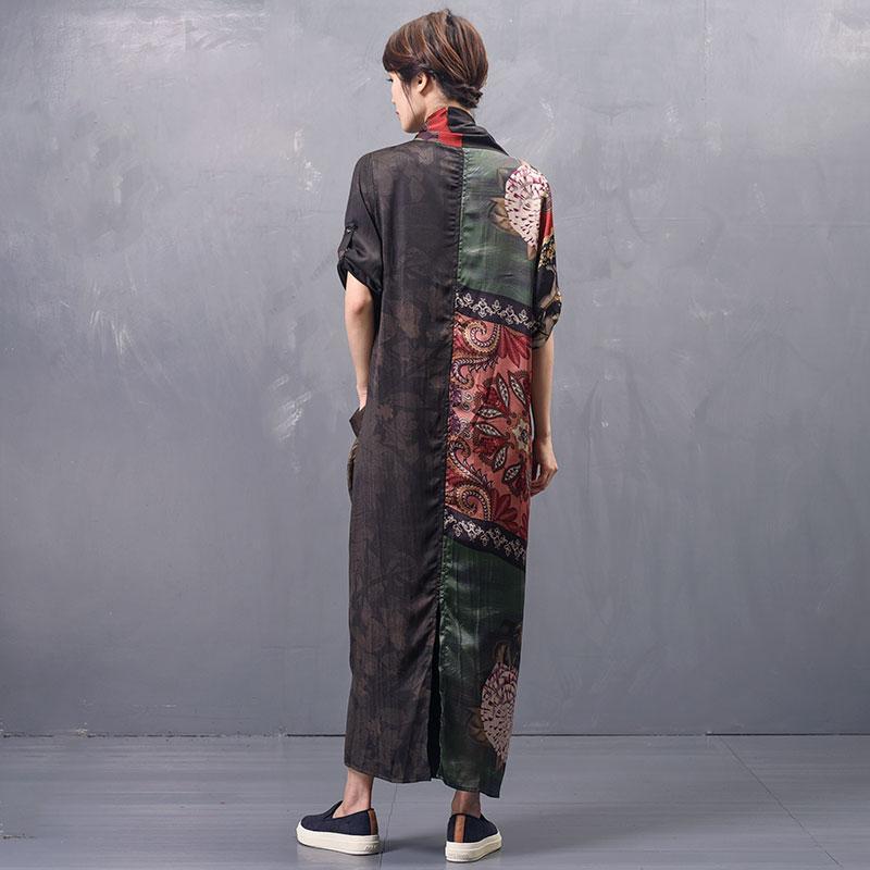 Art Print Silk Asymmetrical Maxi Long Sleeve Dress