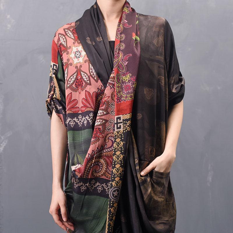 Art Print Silk Asymmetrical Maxi Long Sleeve Dress