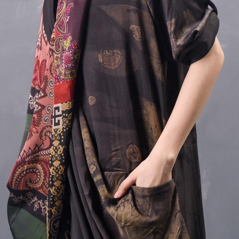 Art Print Silk Asymmetrical Maxi Long Sleeve Dress