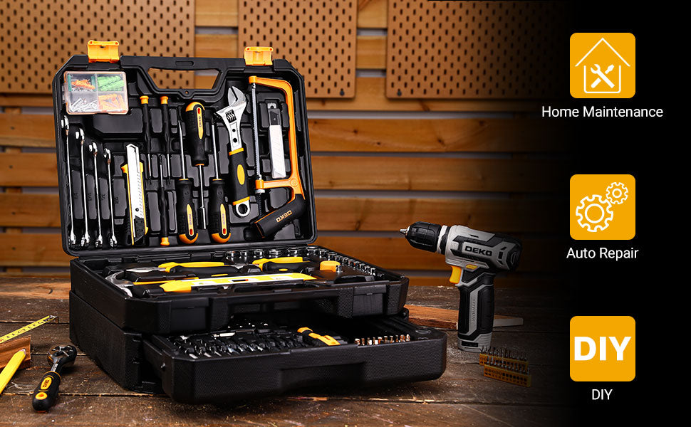 Tool Kit Box Drill Set： Home Mechanic Toolbox with 12V Power Cordless Drill Hand Repair Tools Sets Combo Kits StoraOrganizer Drawer Case for Men