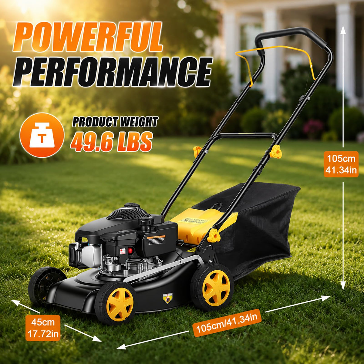 132CC Gas Lawn Mower 16-Inch with 45L Grass Bag and Height Adjustment | 4-stroke engine, 16-inch cutting width, 45L grass bag, 8-position height adjustment for small to medium yards
