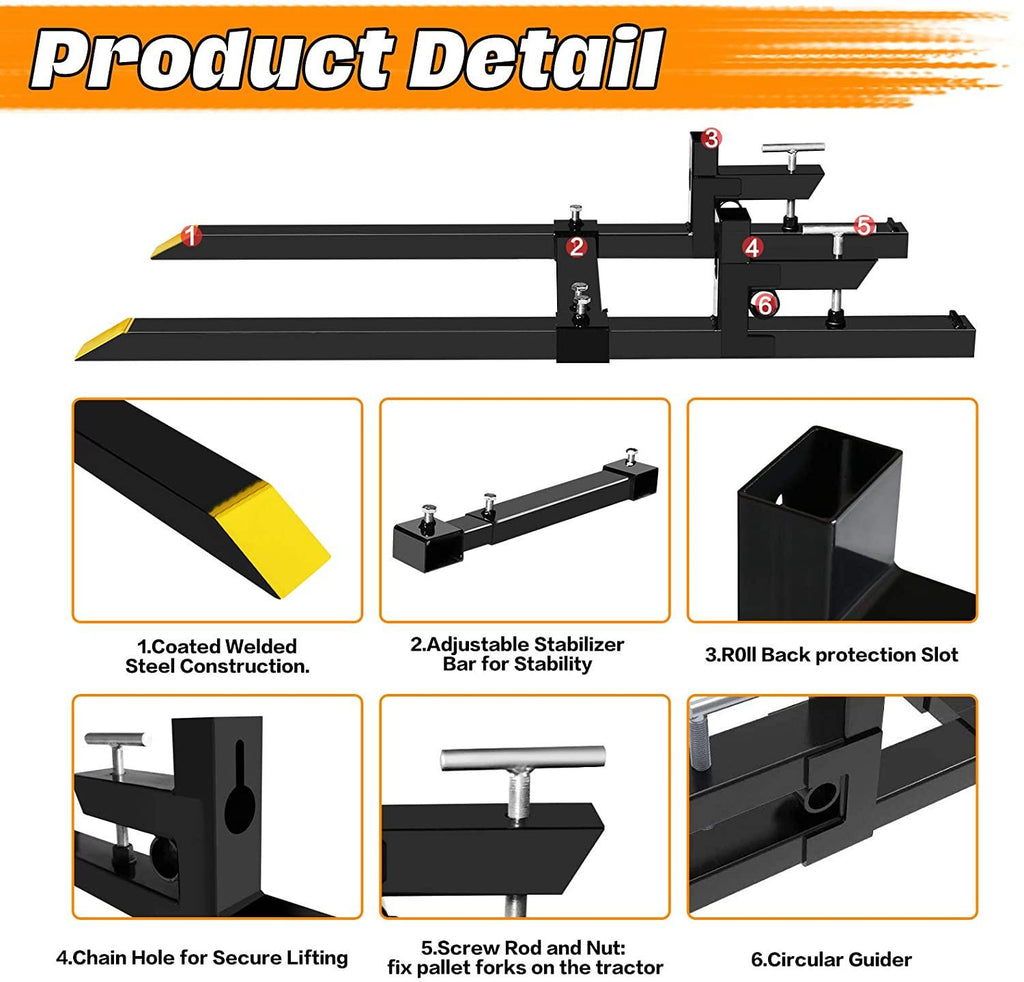 firstgo-tech 60'' clamp on pallet forks 4000lbs heavy duty front loader pallet forks with 24.8'' to 40.2'' w adjustable stabilizer, fork attachment for skid steer,loader bucket