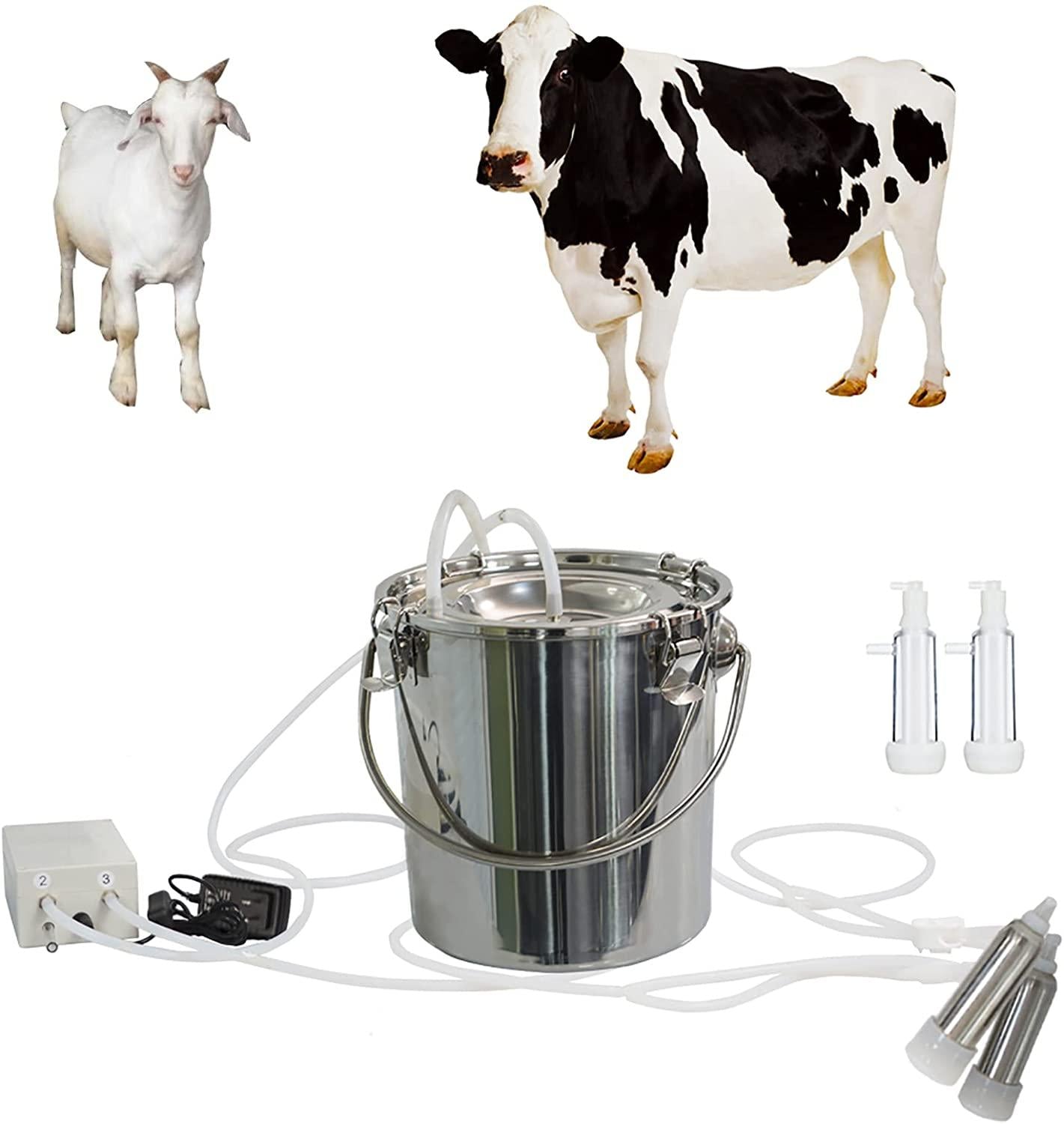 tehongmai electric milking machine for cow goat, 7l vacuum pulsation pump milker, automatic portable livestock milking equipment with 2 teat cups stainless steel bucket