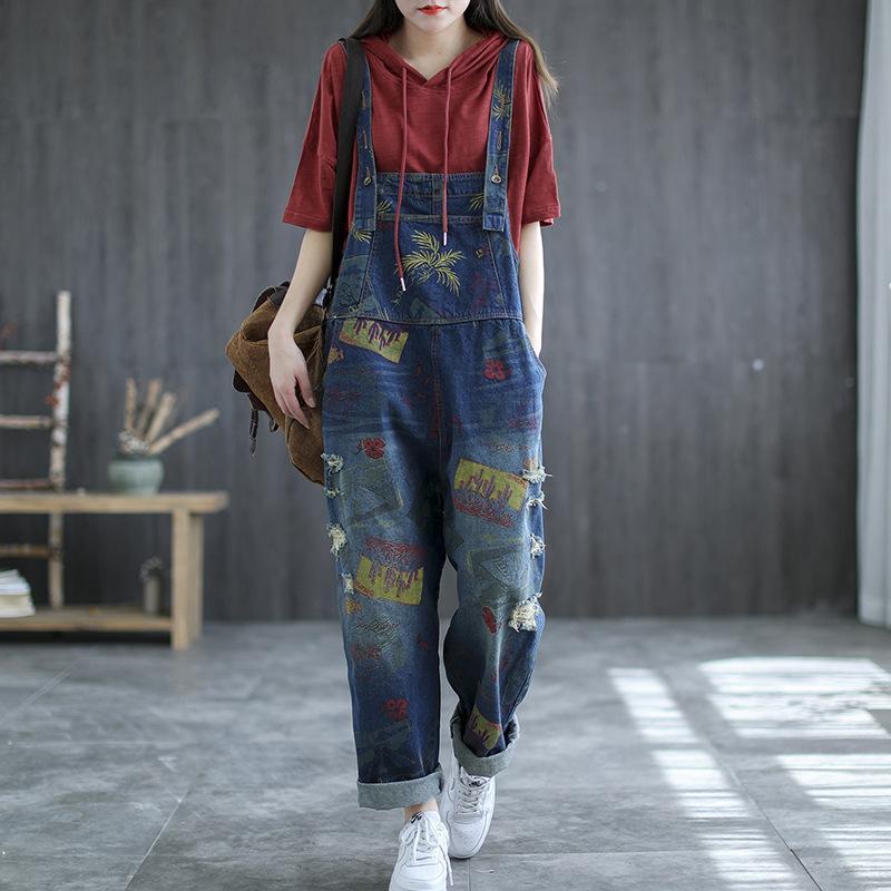 Vintage Summer Floral Print Denim Jumpsuit