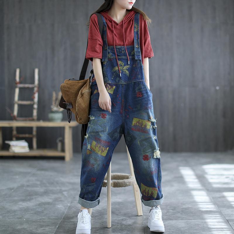 Vintage Summer Floral Print Denim Jumpsuit