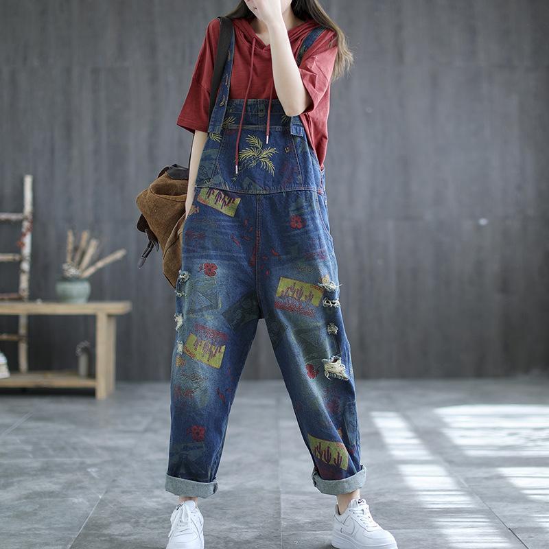 Vintage Summer Floral Print Denim Jumpsuit