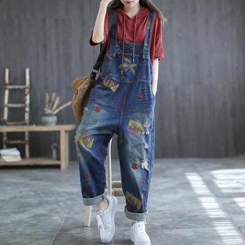 Vintage Summer Floral Print Denim Jumpsuit