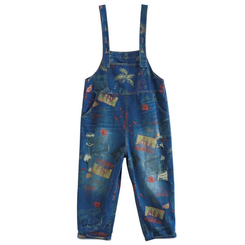 Vintage Summer Floral Print Denim Jumpsuit