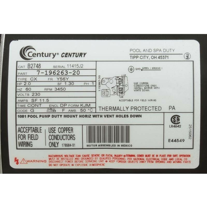 century b2748 b748 pool pump motor 2 hp 230 volt 56y frame