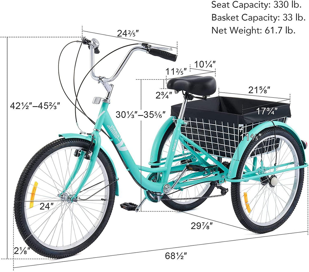 Viribus 20" 24" or 26" Adult Tricycle for Women Men Seniors | 7 Speed Three Wheel Bike for Errands Fun Pets and More | Cruiser Trike with  Shifting, Padded Seat, LarBike Basket, 330lb Cap