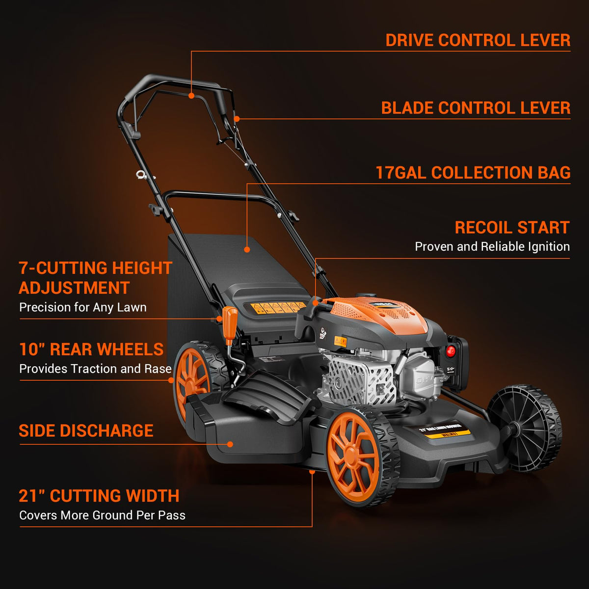 21" Self-Propelled Gas Lawn Mower, 170CC Engine, 3-in-1 Mulching, Bagging &amp; Side Discharge, 7-Position Height Adjustment, Easy Lawn Care for LarYards &amp; Thick Grass