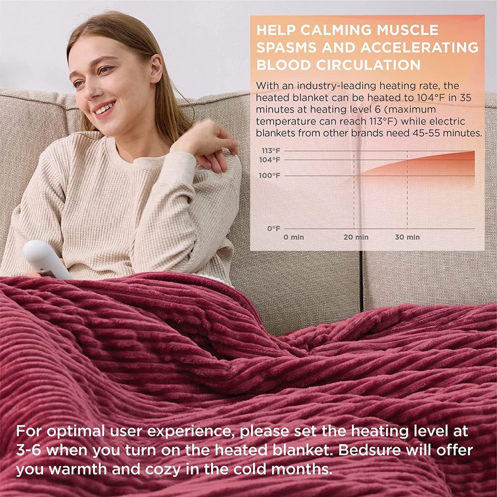 Heated Blanket Twin Size - Soft Ribbed Fleece Fast Heating Electric Blanket with 6 Heating Levels  10 Time Settings, 8 Hours Auto-Off Heated Blanket (62×84 inches, Red)