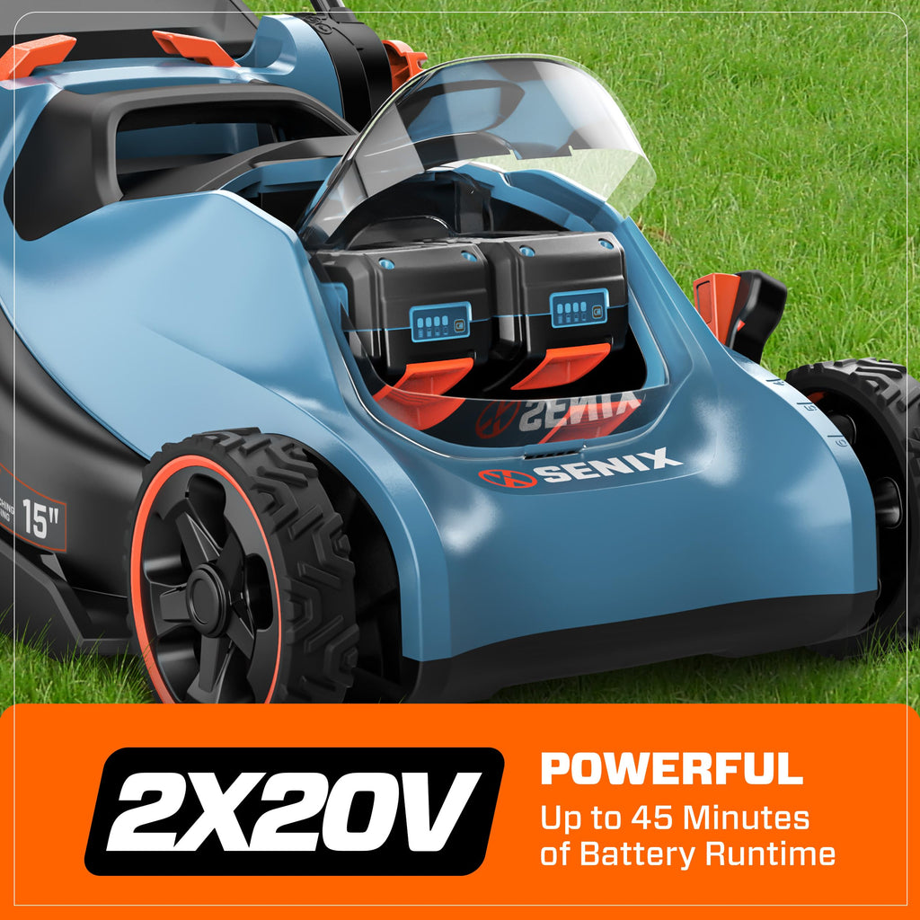 40V Cordless Lawn Mower,15" 2-in-1 Mulch/Bag,6-Position Height Adjust,ECO Mode &amp; Battery Indicator,Foldable Handle,1.3 Bushel Grass Bag,2×4Ah Batteries+3.0A Charger