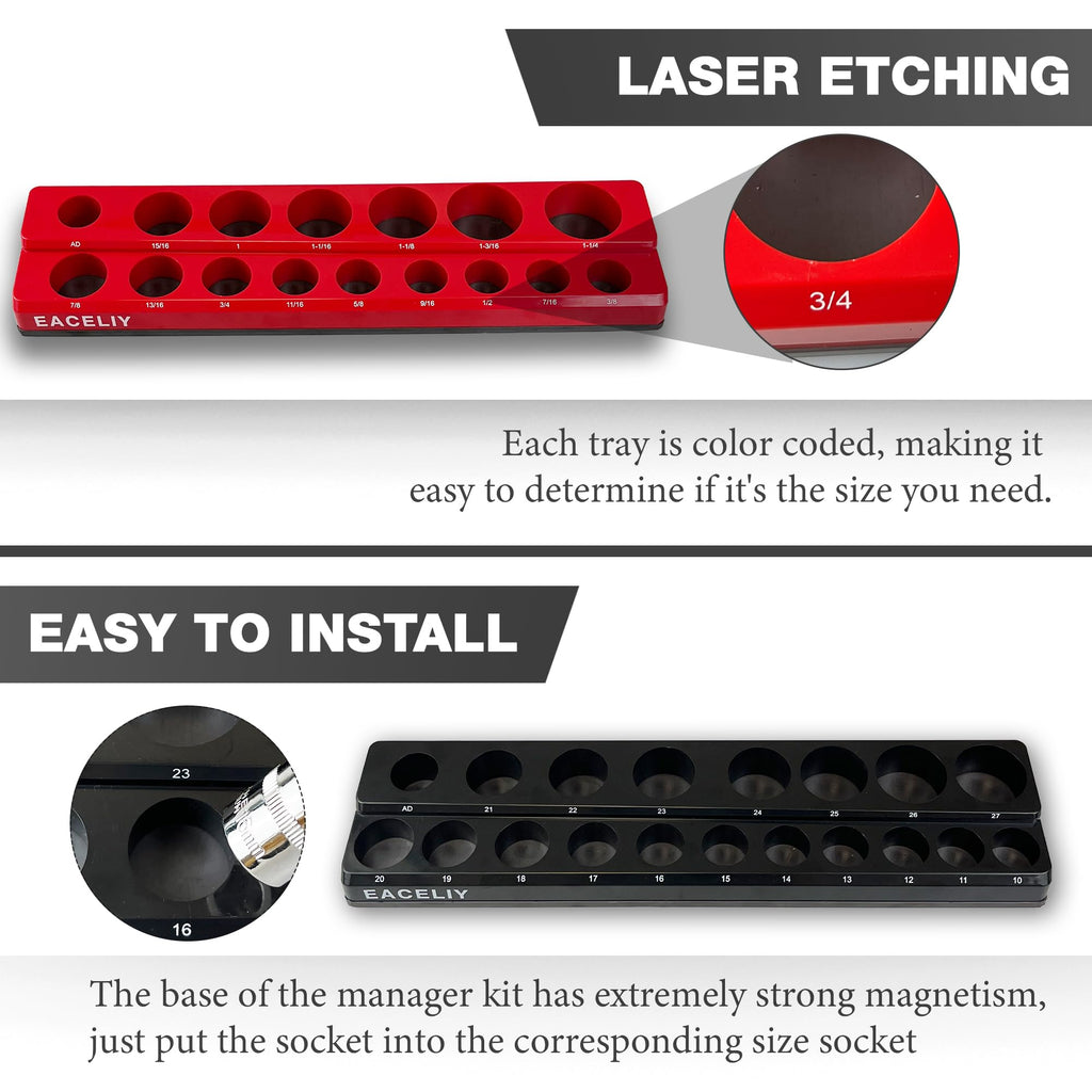 Magnetic Socket Organizer Set, 1/2", 1/4" and 3/8" SAE & Metric Deep & Shallow Socket Holder Kit, holds 141 stanard Sockets, attaches to steel box/tool cart (sockets not included) 丨6PCS
