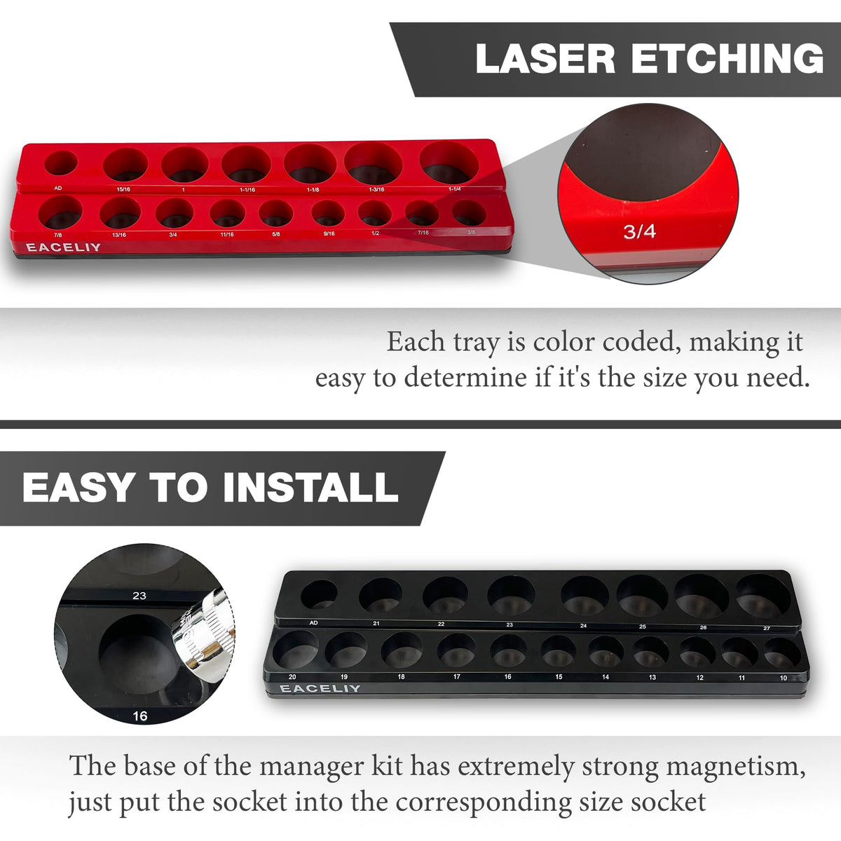 Magnetic Socket Organizer Set, 1/2", 1/4" and 3/8" SAE & Metric Deep & Shallow Socket Holder Kit, holds 141 stanard Sockets, attaches to steel box/tool cart (sockets not included) 丨6PCS
