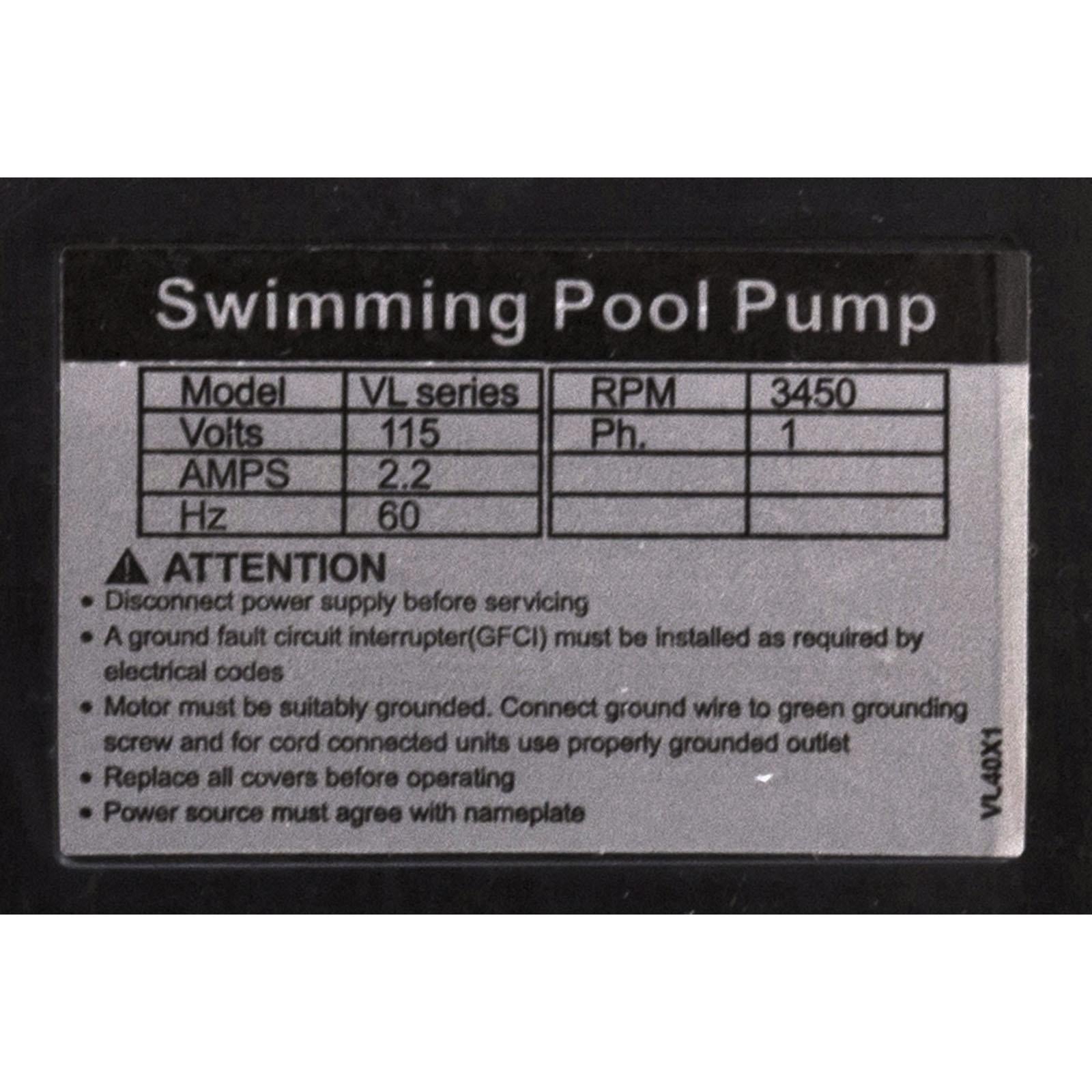 Hayward VLX4009 Pump Without Strainer for Hayward VL40T32 Sand Filter