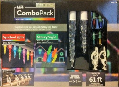 Gemmy Lightshow Combo Pack Multi Color Holiday Icicle Lights and Mini Lights and 36 Light Clips 61 Feet Total Length