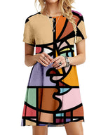 Round Neck Short Sleeve Abstract Printed Dress