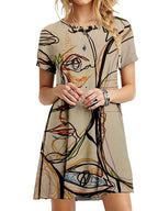 Round Neck Short Sleeve Abstract Printed Dress