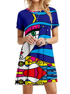 Round Neck Short Sleeve Abstract Printed Dress