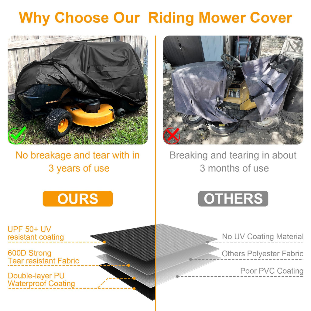 Riding Lawn Mower Cover 600D Heavy Duty Lawn Tractor Cover Waterproof, Universal Fit with 4 Buckles, 2 Drawstrings and StoraBag