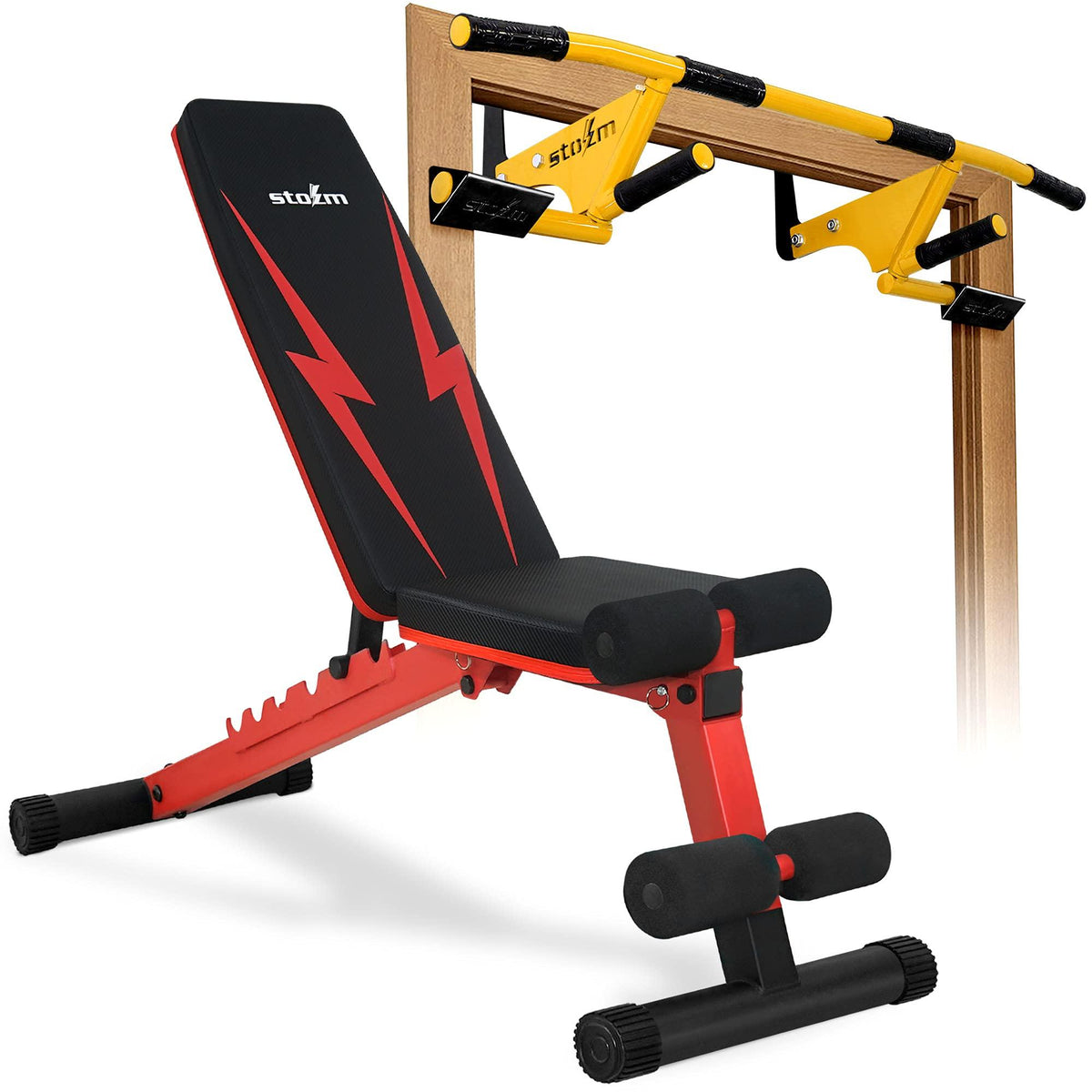 STOZM Combo 14-GauSteel Adjustable Weight Bench and Multiexon Chin-up Bar, Crimson and Brisk Yellow