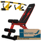 STOZM Combo 14-GauSteel Adjustable Weight Bench and Multiexon Chin-up Bar, Crimson and Brisk Yellow