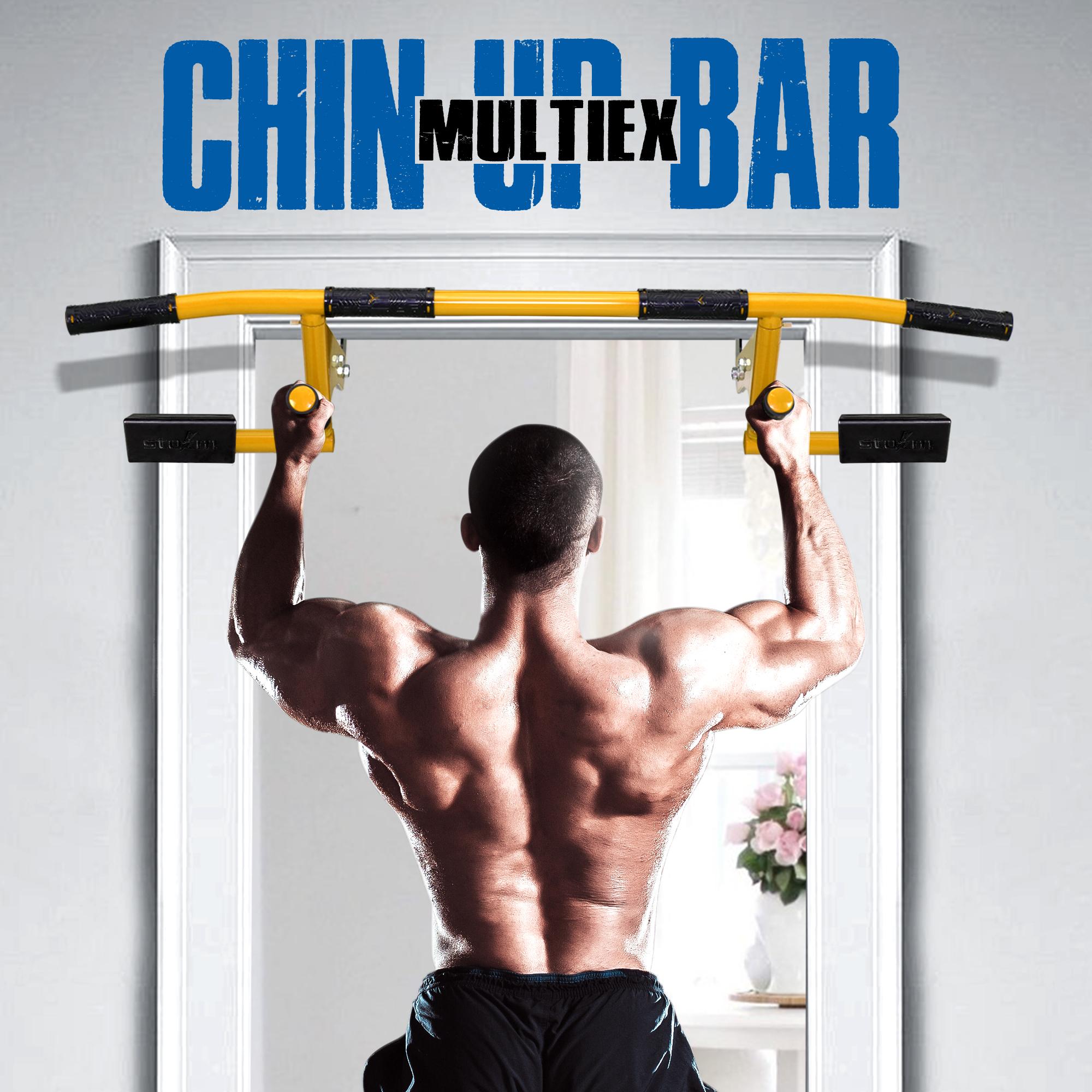 STOZM Combo 14-GauSteel Adjustable Weight Bench and Multiexon Chin-up Bar, Crimson and Brisk Yellow