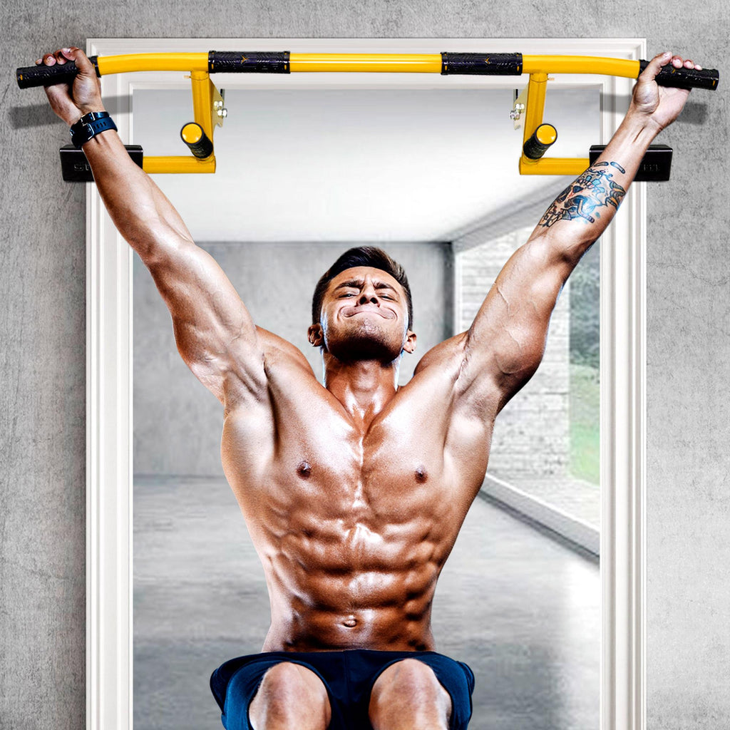 STOZM Combo 14-GauSteel Adjustable Weight Bench and Multiexon Chin-up Bar, Crimson and Brisk Yellow