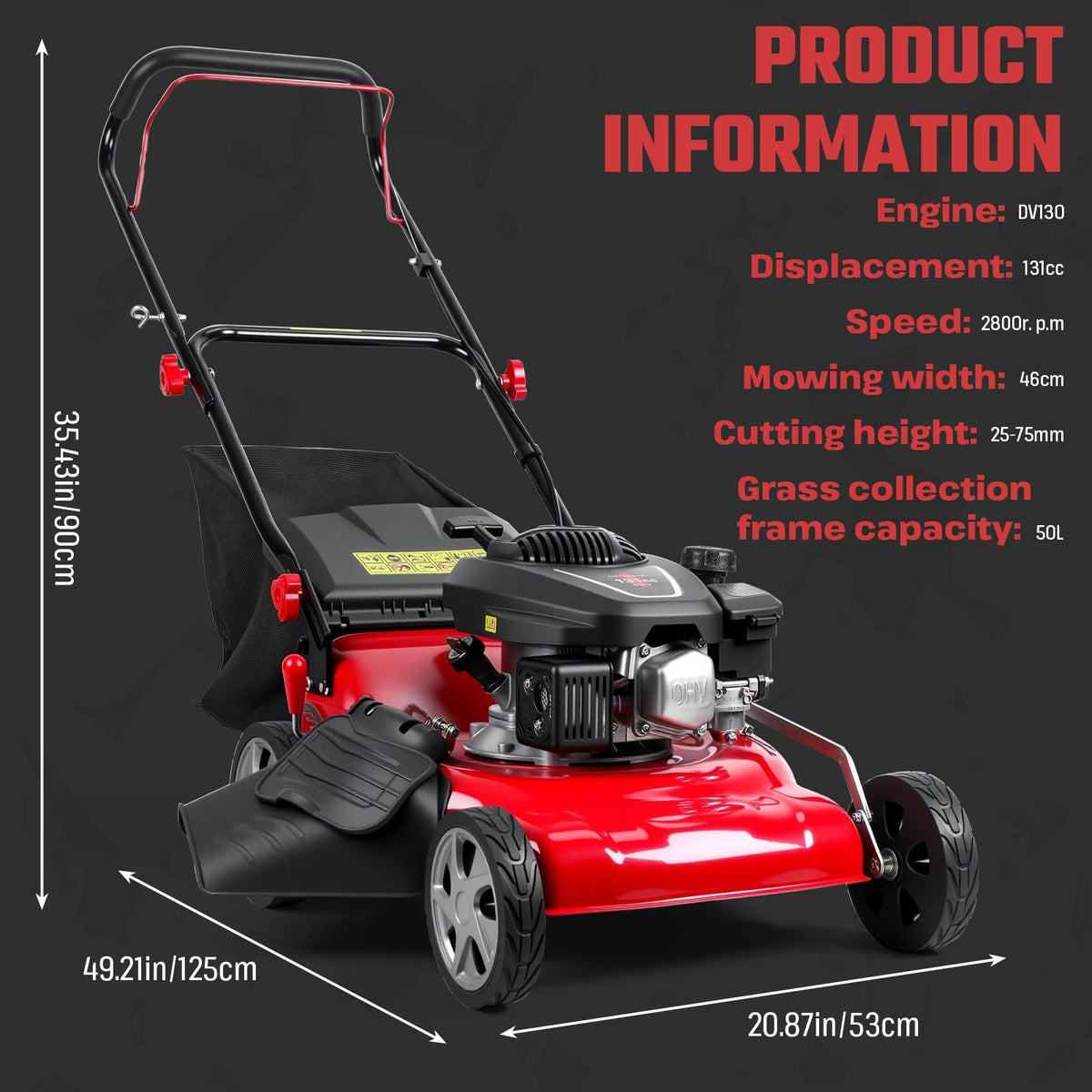 131cc Foldable Gas Lawn Mower, Self-Propelled Rear-Wheel Drive, 18 Inch Cutting Width, 50L Grass Bag, 3-in-1 Mulching/Side Discharge/Rear-Bagging, Lightweight Push-Button Start Mower
