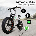 20" 300W Fat Tire Electric Bicycles Snow Beach Mountain Bike  6 Speed Gear E-Bike with Removable Waterproof LarCapacity 36V10A Lithium Battery and Battery Charger Electric Bike