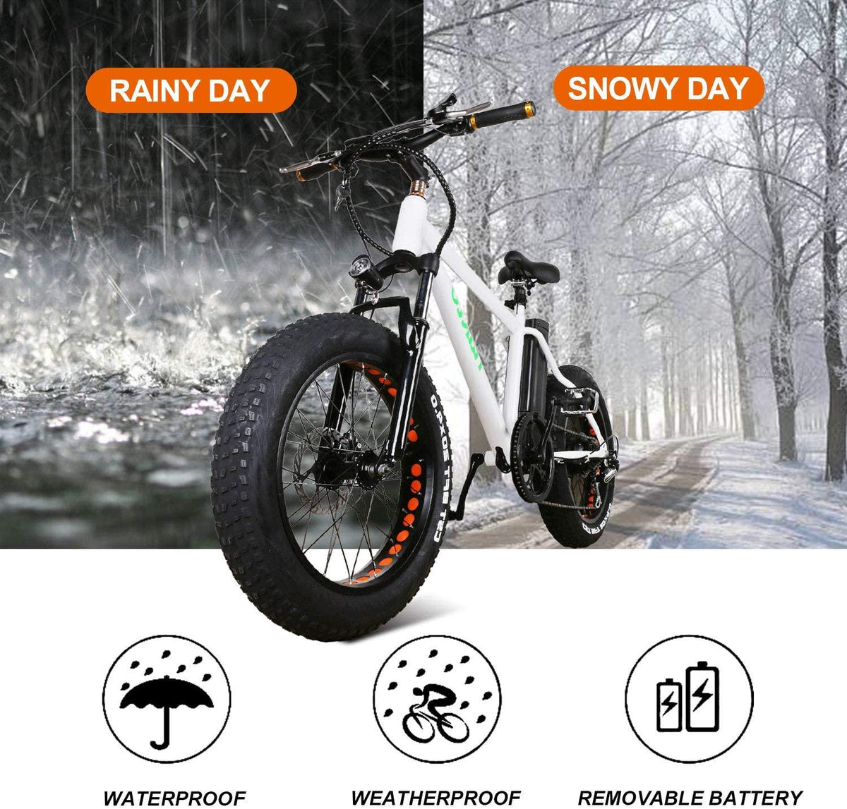 20" 300W Fat Tire Electric Bicycles Snow Beach Mountain Bike  6 Speed Gear E-Bike with Removable Waterproof LarCapacity 36V10A Lithium Battery and Battery Charger Electric Bike