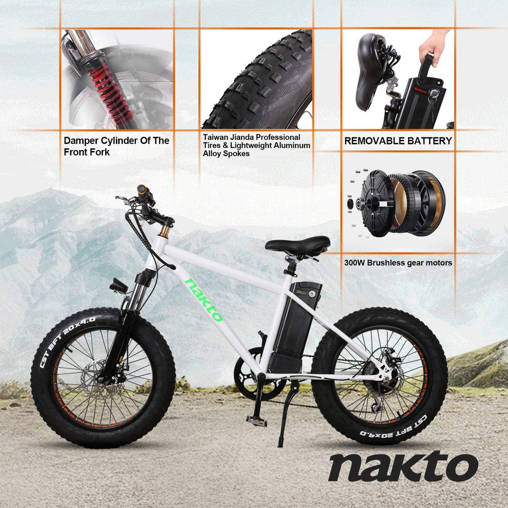 20" 300W Fat Tire Electric Bicycles Snow Beach Mountain Bike  6 Speed Gear E-Bike with Removable Waterproof LarCapacity 36V10A Lithium Battery and Battery Charger Electric Bike