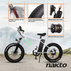 20" 300W Fat Tire Electric Bicycles Snow Beach Mountain Bike  6 Speed Gear E-Bike with Removable Waterproof LarCapacity 36V10A Lithium Battery and Battery Charger Electric Bike
