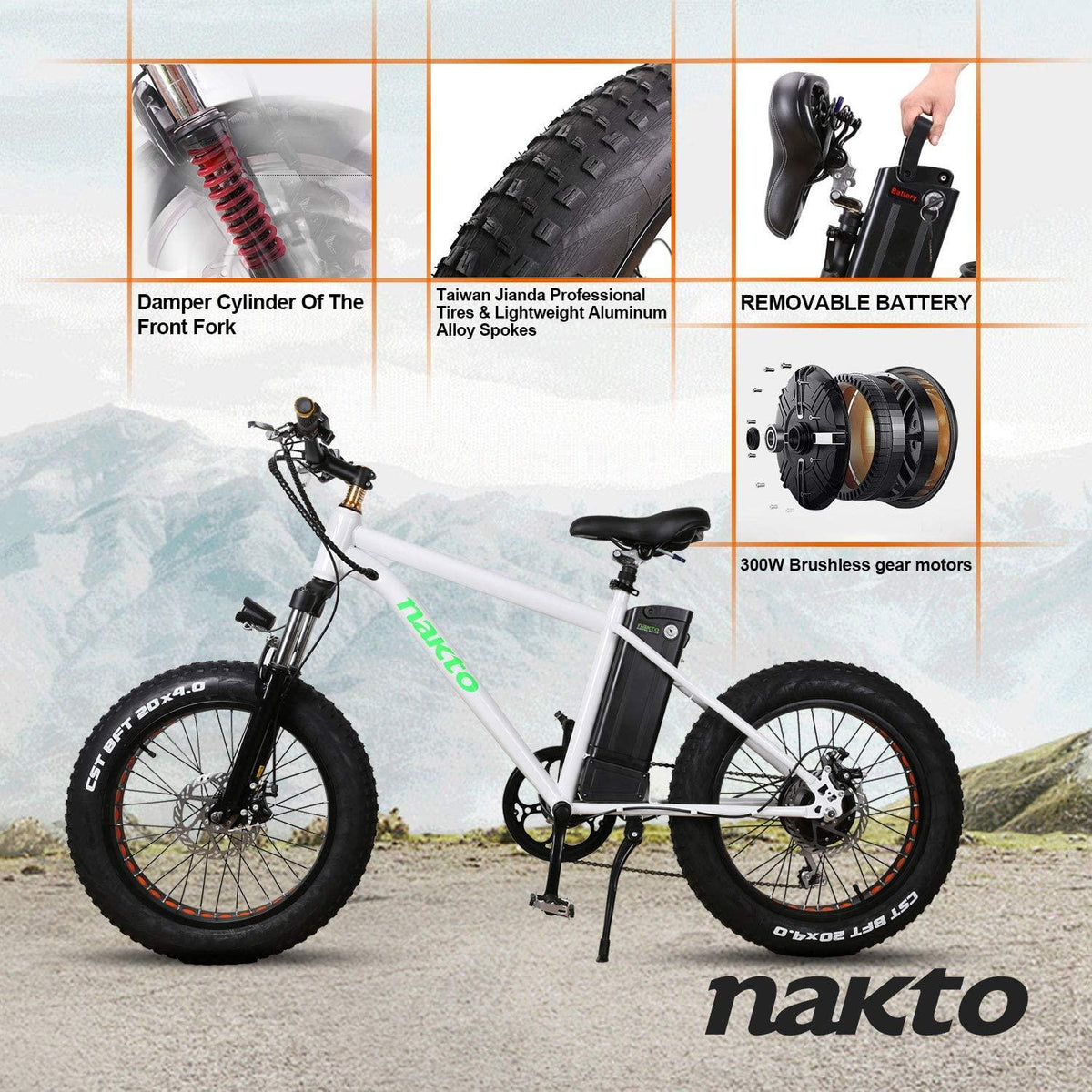 20" 300W Fat Tire Electric Bicycles Snow Beach Mountain Bike  6 Speed Gear E-Bike with Removable Waterproof LarCapacity 36V10A Lithium Battery and Battery Charger Electric Bike