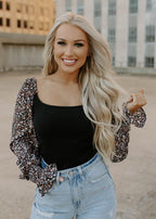 heaven floral balloon sleeve bodysuit - black