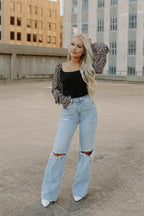 heaven floral balloon sleeve bodysuit - black