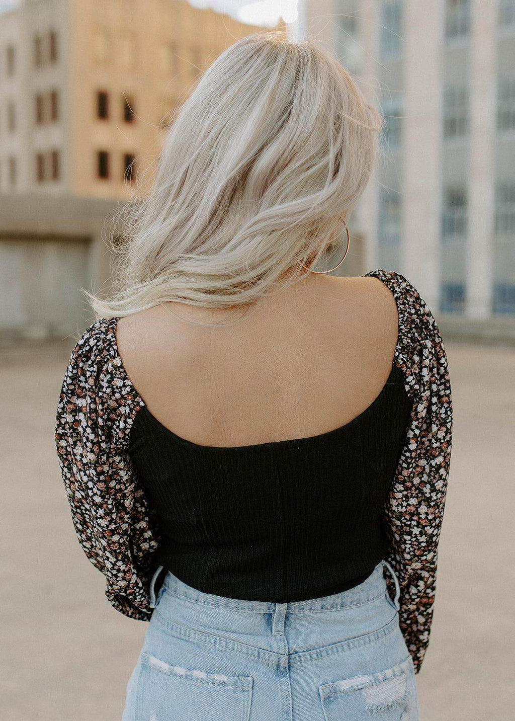heaven floral balloon sleeve bodysuit - black