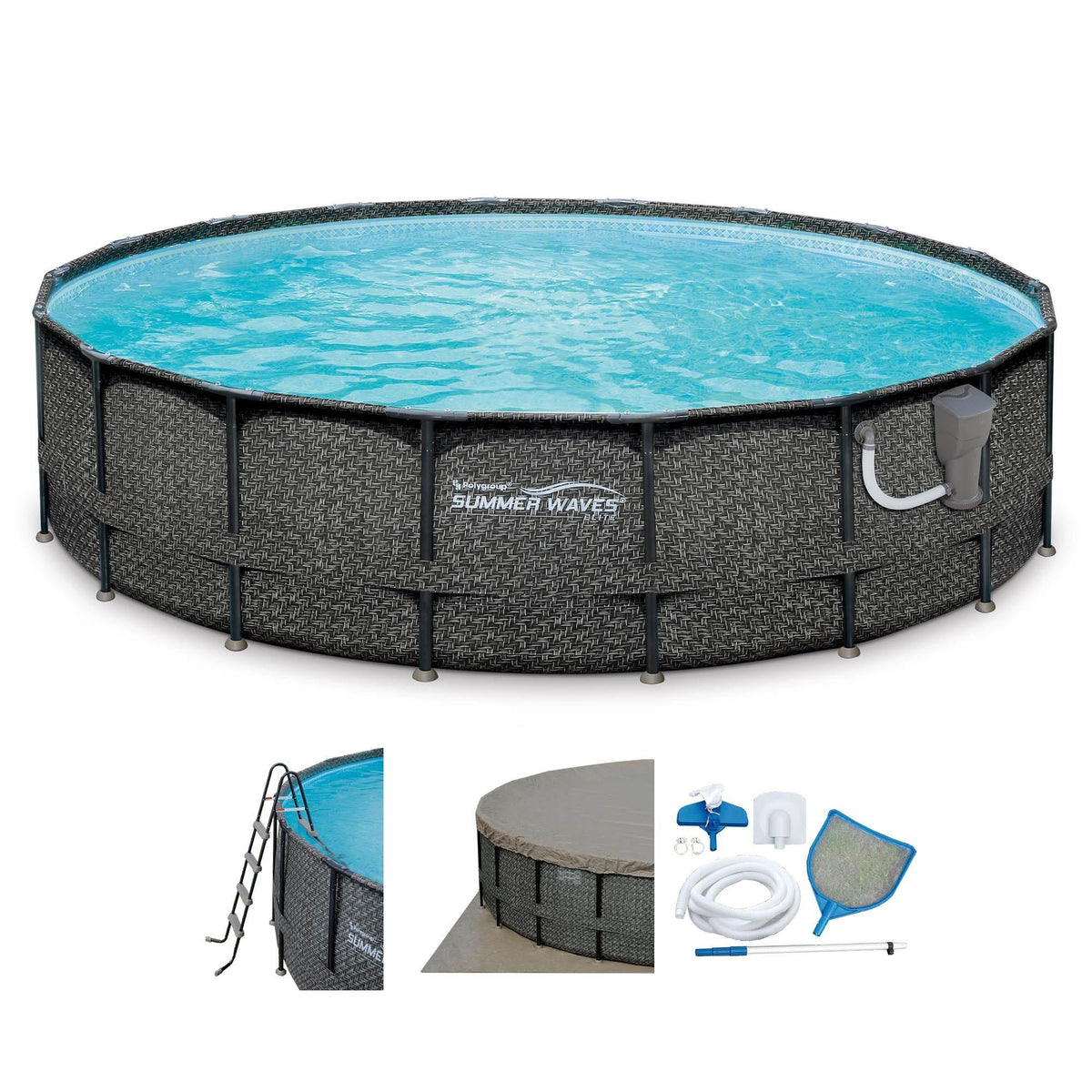 Summer Waves Elite P4A02048B 20ft x 48in Above Ground Frame Swimming Pool Set w/ Filter Pump, Pool Cover, Ladder, Ground Cloth,