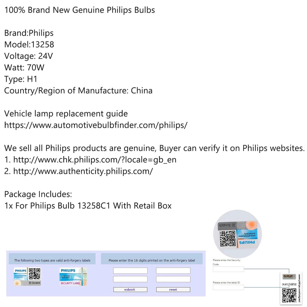 For Philips H1 Quartz Halogen Headlight 24V 70W P14.5s 13258C1 Generic