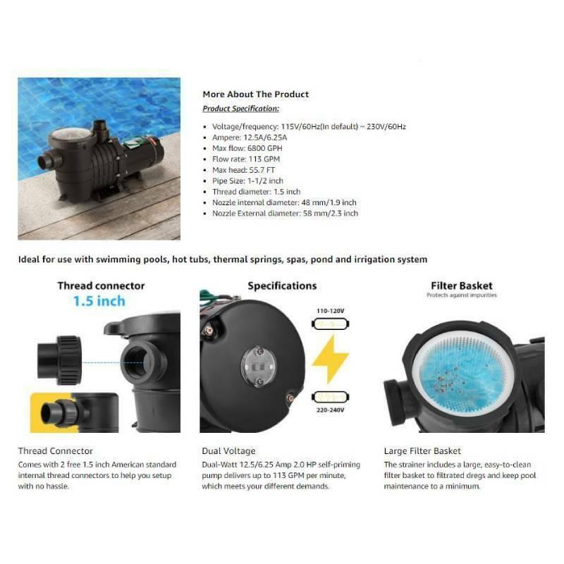 2.0 hp 6800 gph in/above ground swimming pool pump dual voltage ul cet certified