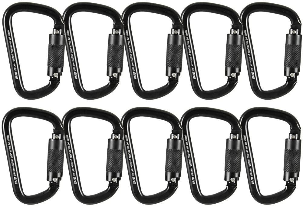 Fusion Climb Auto Lock Modified D Shape Aluminum Carabiner, UIAA Certified, Heavy Duty for Camping, Hiking, Outdoor and Gym 10-PACK, Black, (FP-8106-2-BLK-10P)